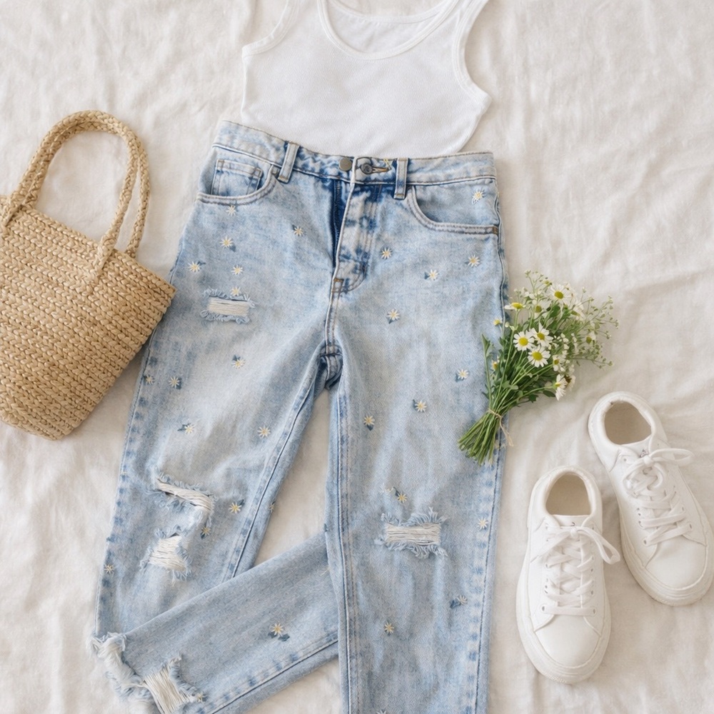 Material Girl Light Blue Straight Leg Jeans with Floral Design